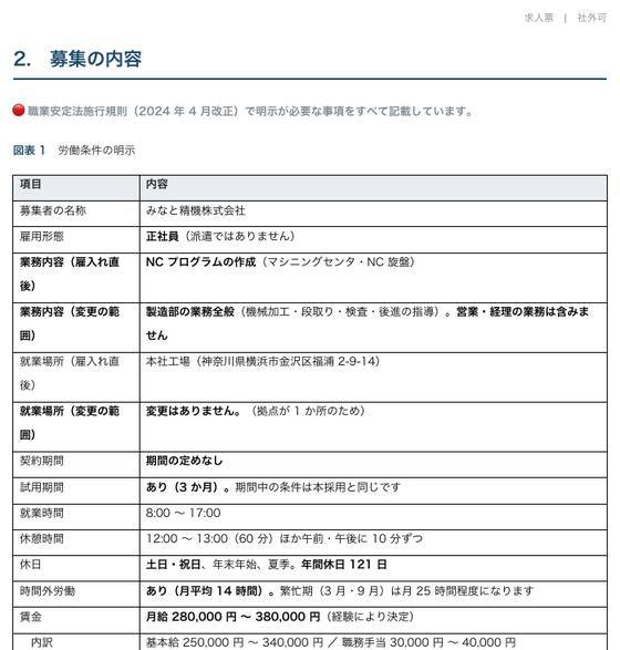 求人票 NCプログラム作成（株式会社サンプル企業）の 1 ページ目